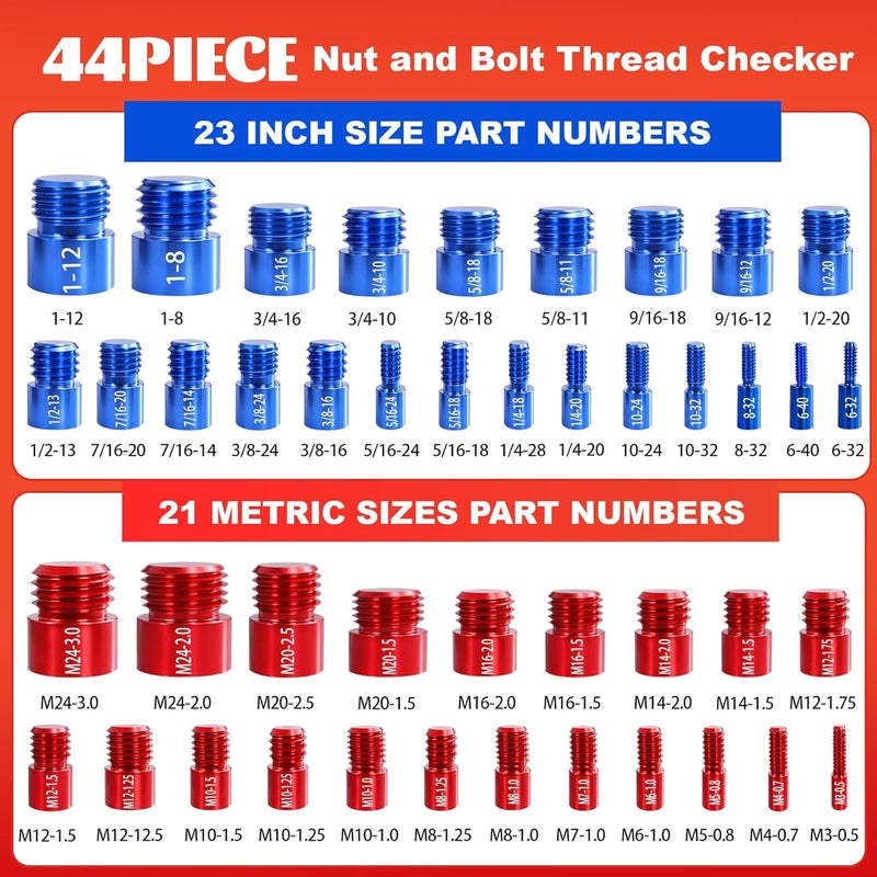SBGGRL 44 Pcs Thread Gauge SAE and Metric, Nut and Bolt Thread Screw Checker Tool Set, Universal Standard Inch & Metric Hole Sizing Measuring for Quickly Identify and Verify with Storage Case - Image 5